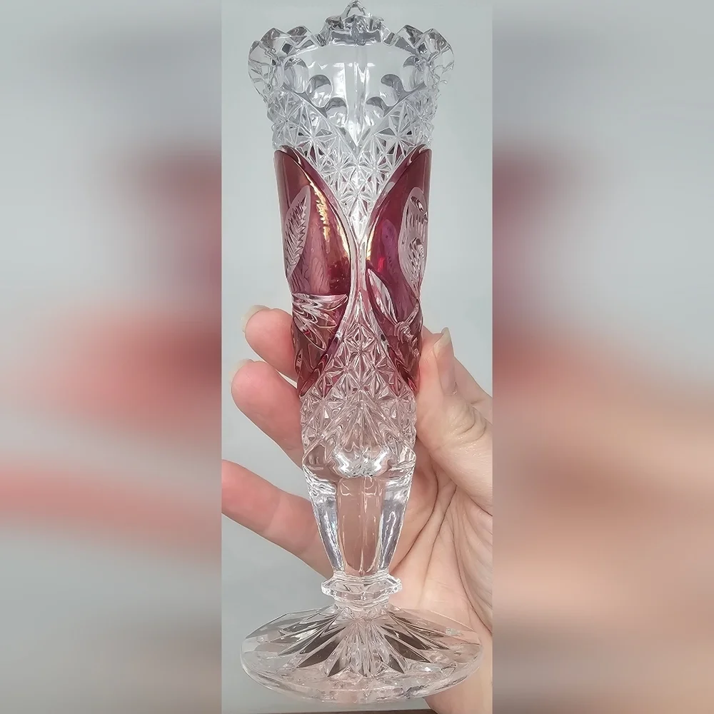 Vintage Hofbauer Byrdes Bud Vase 6.5” German Lead Crystal Ruby Red Bird